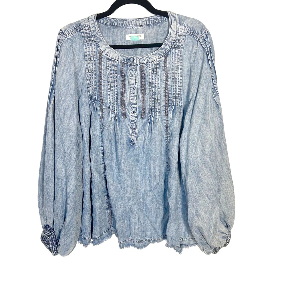 Pilcro Norah Pintucked Blue Boho Chambray Peasant Blouse Women's Size 2XL